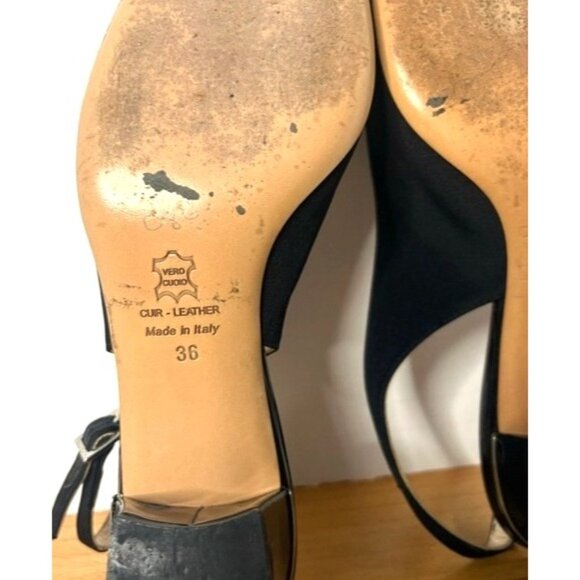 Bruno Magli Italy Black Leather Fabric Slingback Peep Toe Heels Shoes Size 6 - Picture 13 of 14